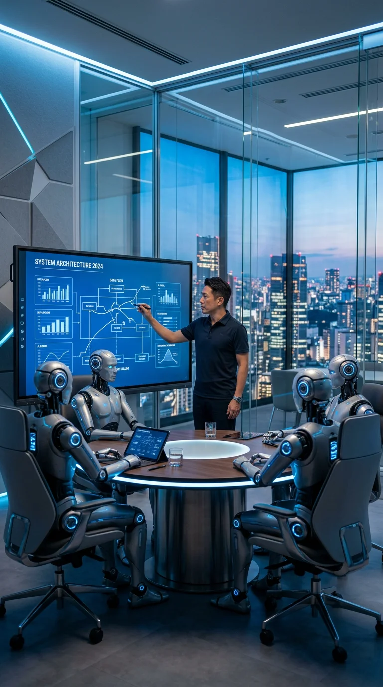 Aivoranex founder leading an AI strategy meeting with robotic assistants